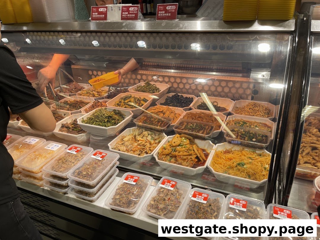 A vibrant display of various freshly prepared Asian dishes and snacks in a supermarket deli counter.