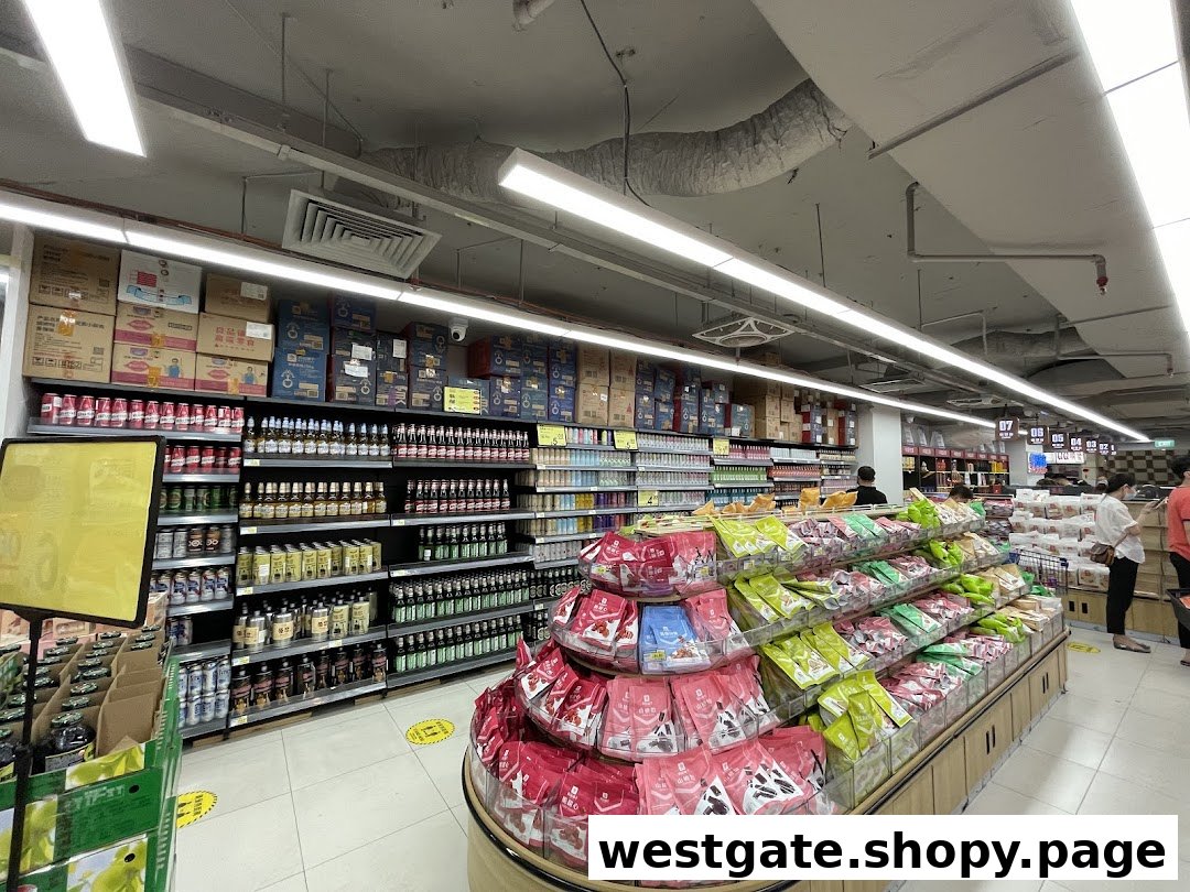 An interior view of Scarlett Supermarket, showcasing well-stocked aisles with diverse products and shoppers.