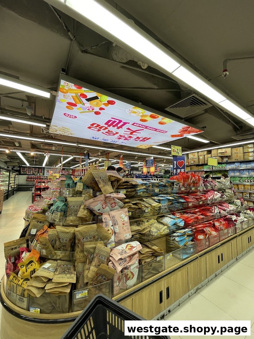 An aisle in Scarlett Supermarket showcasing a wide variety of packaged snacks and treats, with a shopping basket in the foreground.