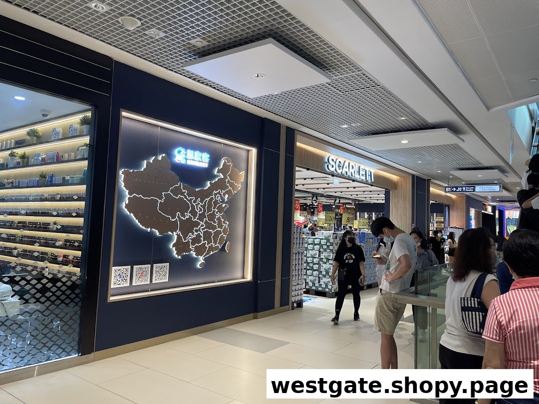 The storefront of Scarlett Supermarket at Westgate, featuring a map of China display and customers entering.