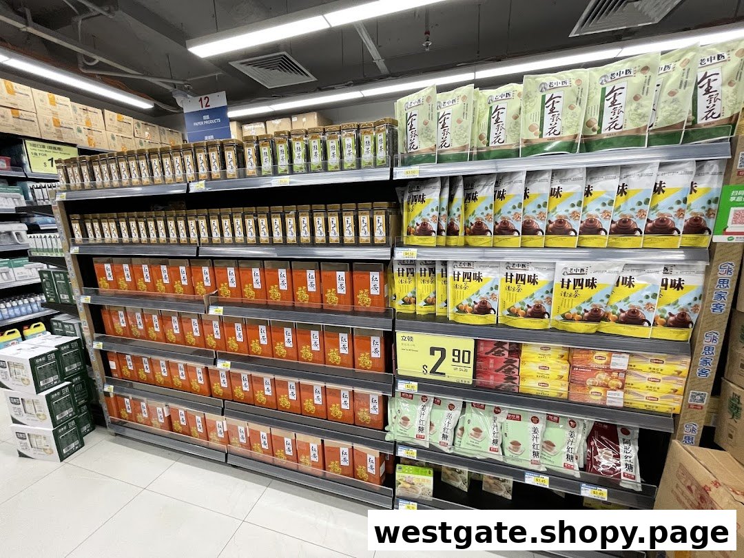 Shelves in a supermarket aisle displaying a variety of packaged teas, health drinks, and traditional Chinese products.