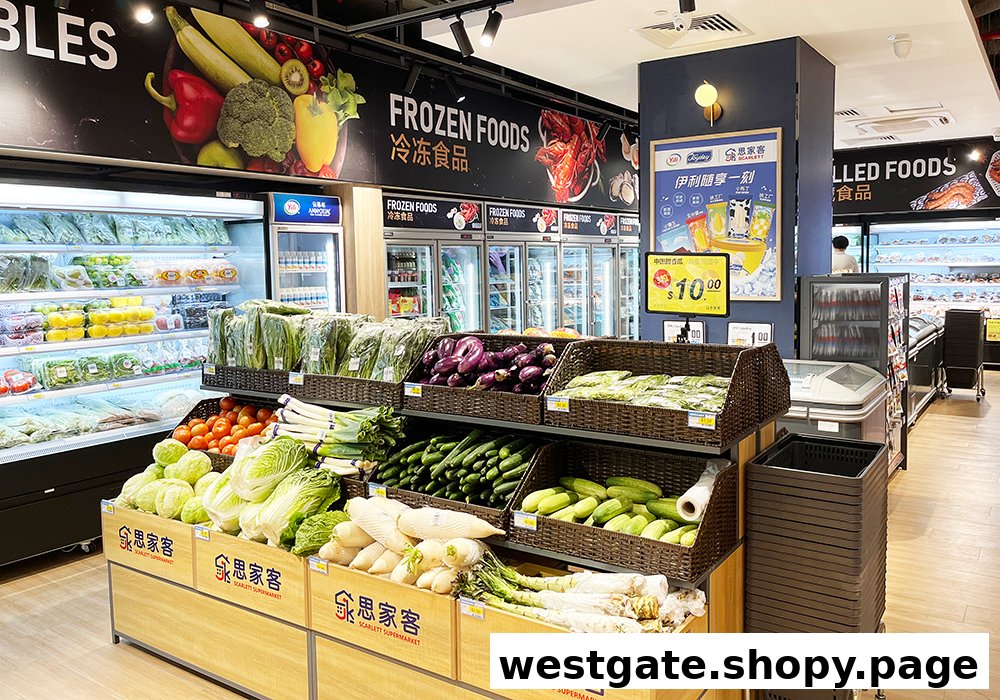A vibrant supermarket aisle showcasing fresh produce, frozen foods, and chilled items.