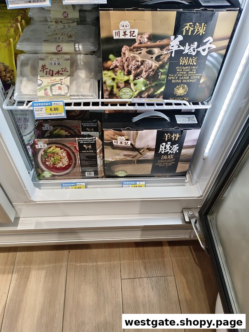 A refrigerator shelf at Scarlett Supermarket displaying various packaged Asian food products, including lamb hotpot and dumplings.