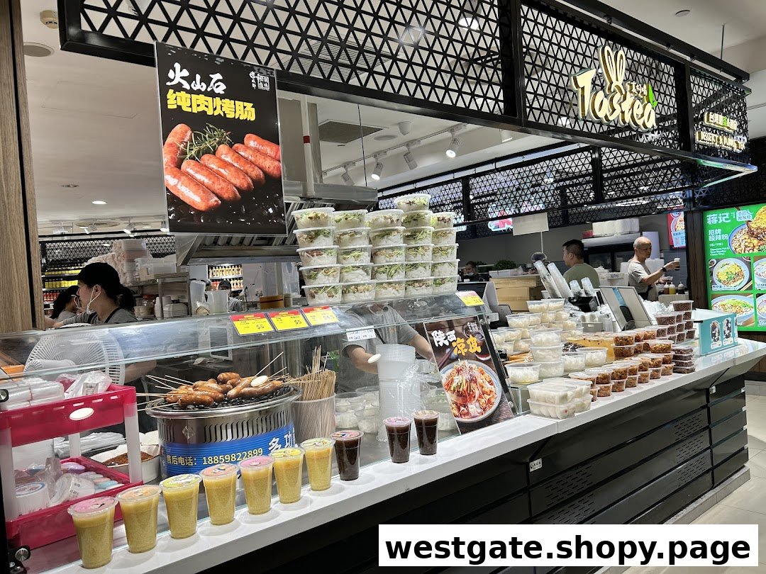 A vibrant food counter named "Tasted" offering grilled sausages, pre-packaged meals, and various beverages.
