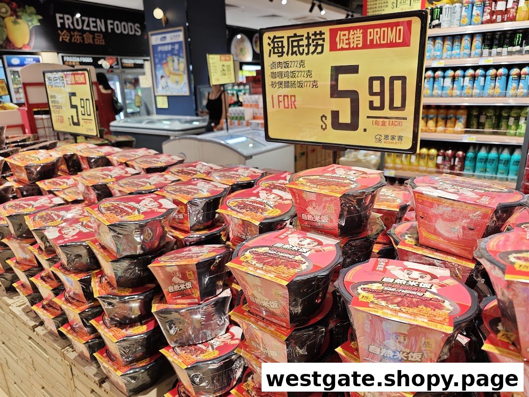 A large display of instant rice meals on promotion at Scarlett Supermarket, with a price sign.