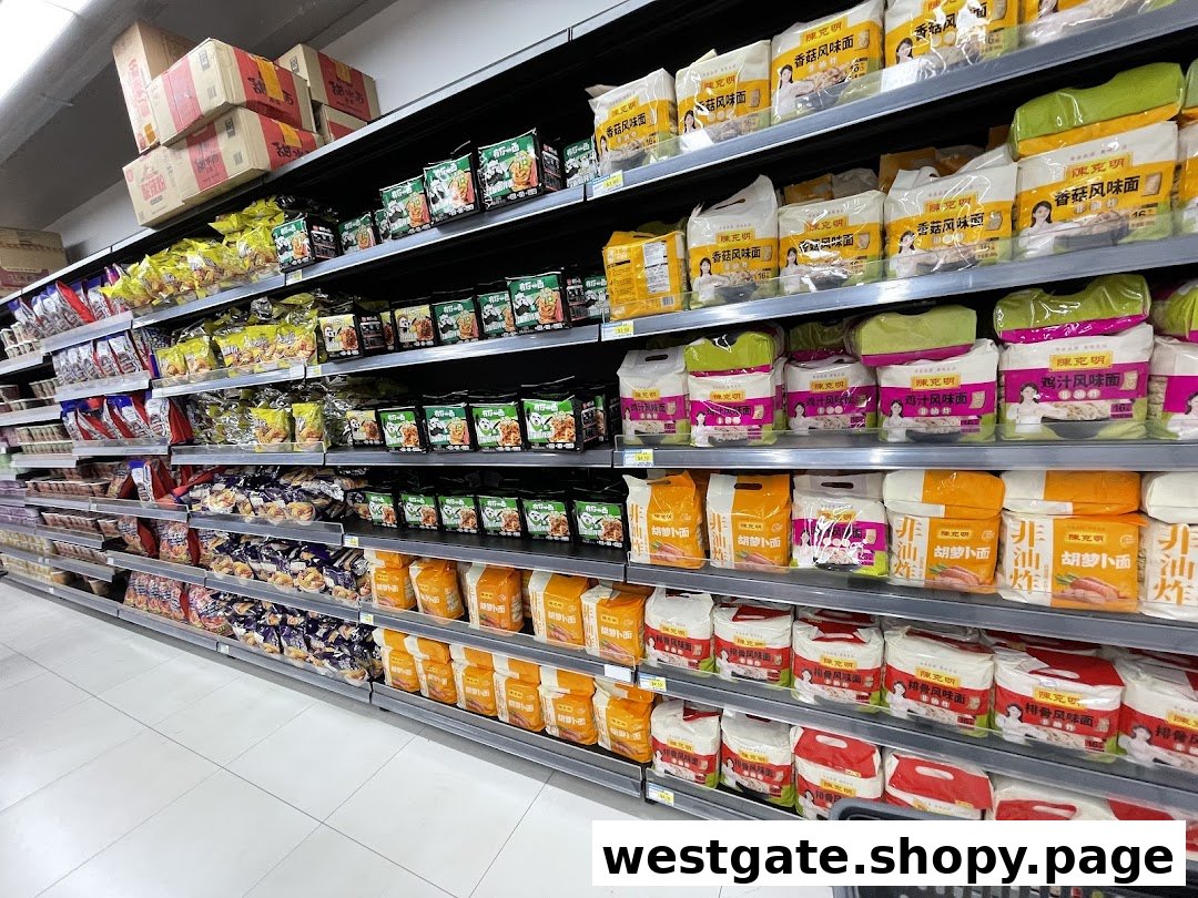 An aisle in Scarlett Supermarket showcasing shelves stocked with various packaged Asian food products, including instant noodles.