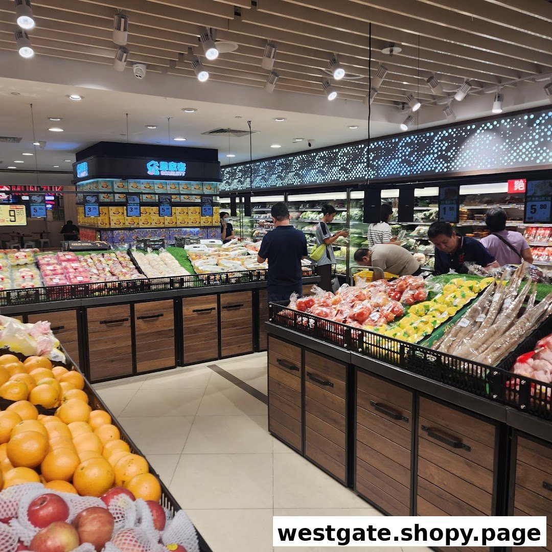 Customers browse fresh fruits and vegetables in the brightly lit produce section of Scarlett Supermarket.