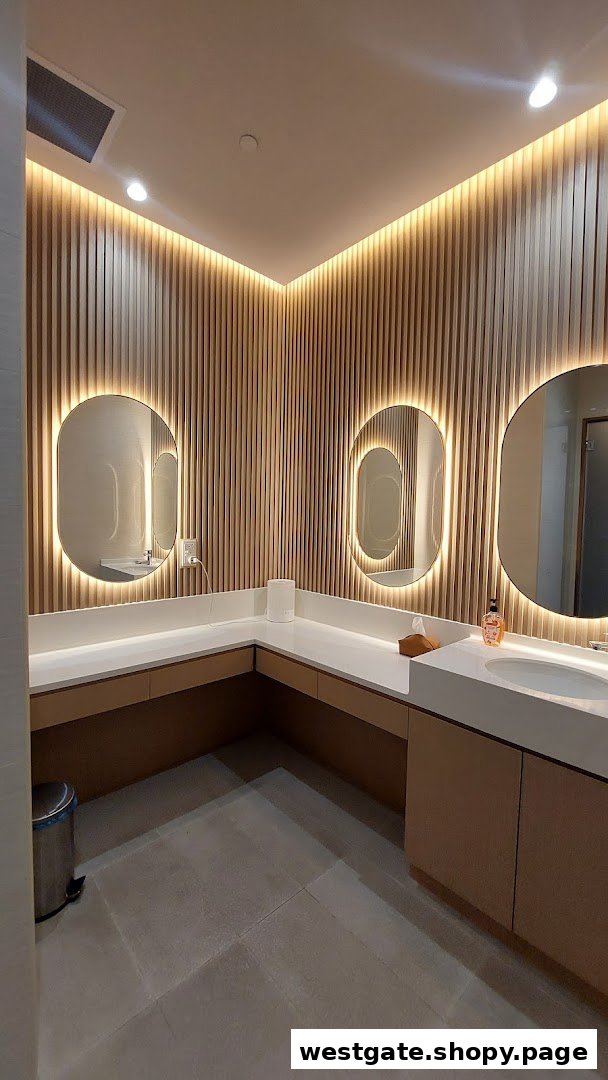 A modern, well-lit washroom interior with multiple sinks, illuminated mirrors, and wooden slat walls.