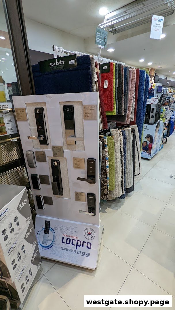 An interior view of Selffix DIY, showcasing digital door locks and a colorful display of bath mats.