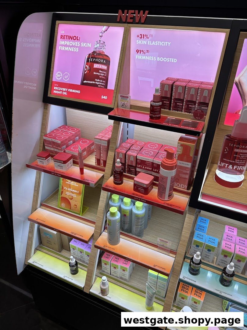 A Sephora in-store display featuring skincare products, including Lift & Firm line and Retinol night oil.