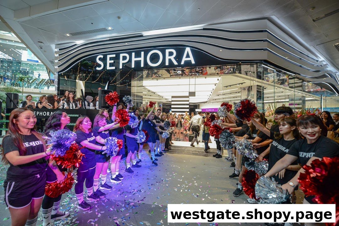 A vibrant event at Sephora's entrance with people holding pom-poms and confetti on the floor.