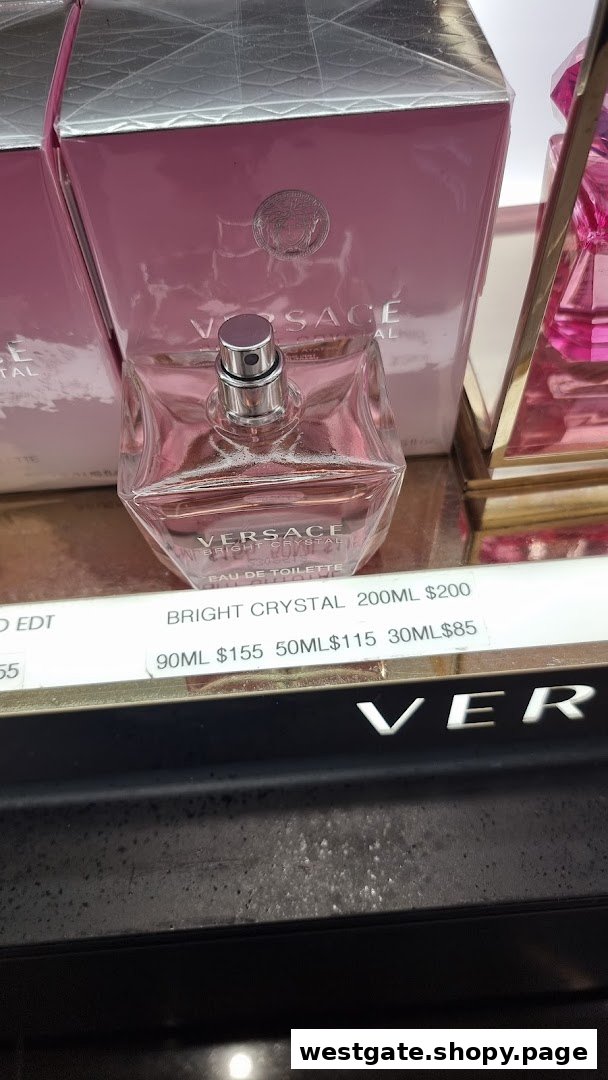 Close-up of Versace Bright Crystal perfume bottles and pricing on display at Sephora.