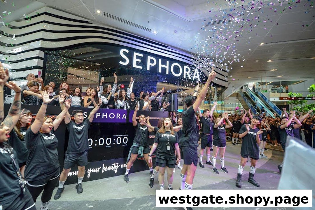 Confetti rains down as excited people celebrate in front of a Sephora store entrance.