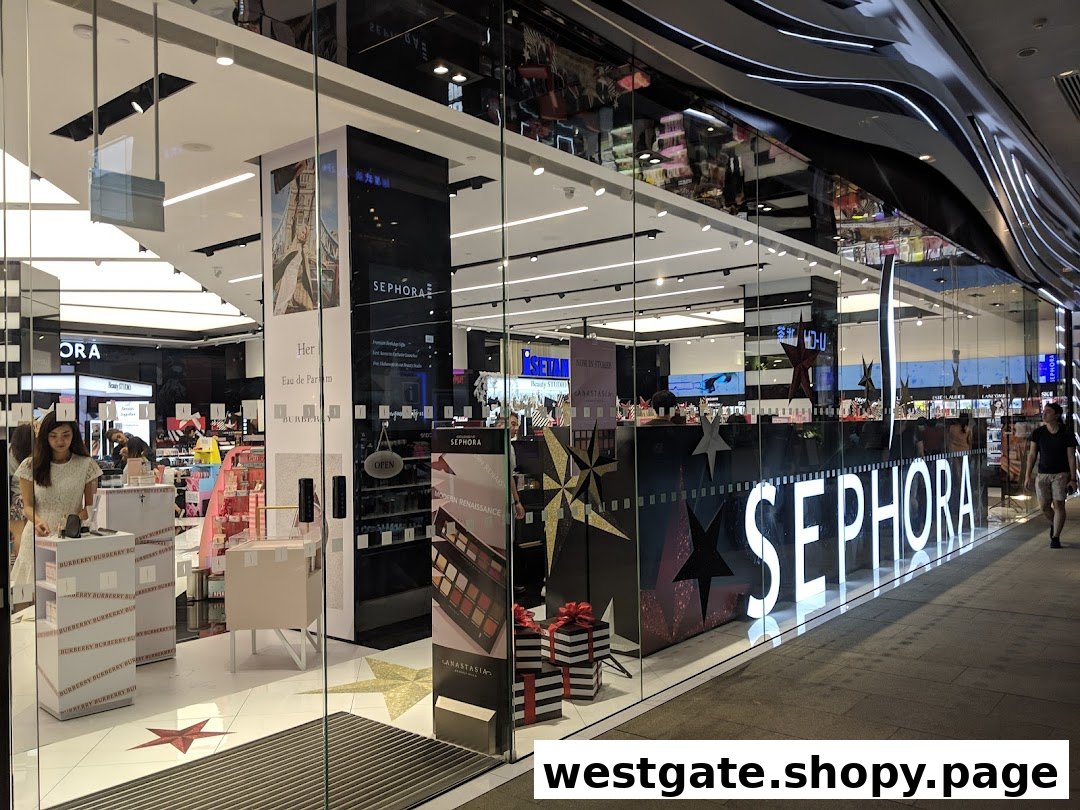 The brightly lit Sephora shop front with large glass windows showcasing beauty products and displays.