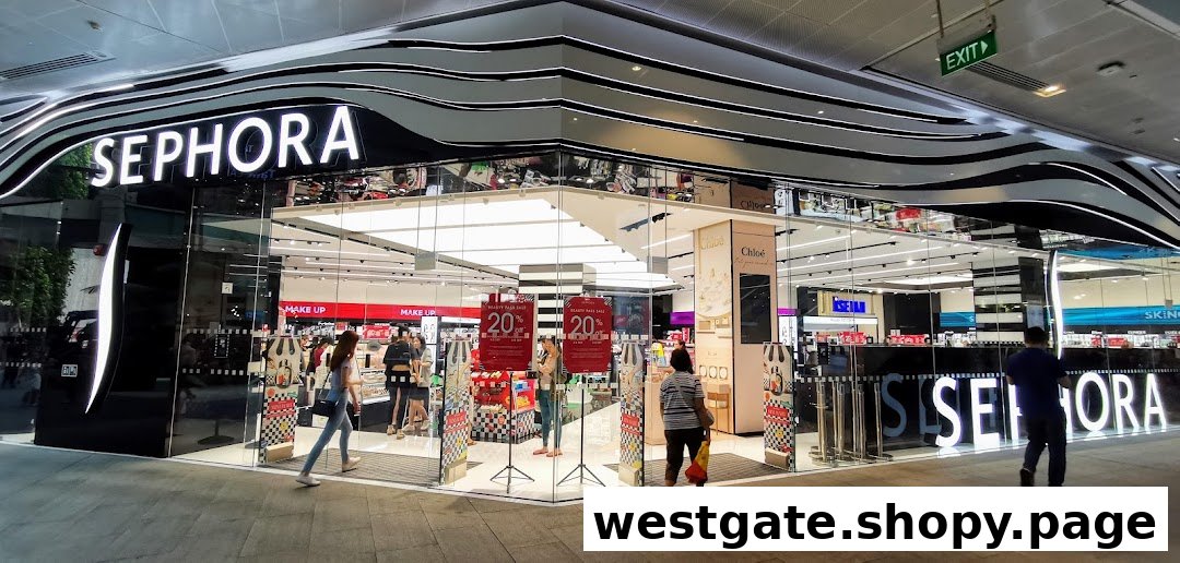 The brightly lit entrance of a Sephora beauty store, featuring its prominent logo and glass facade, with shoppers entering.