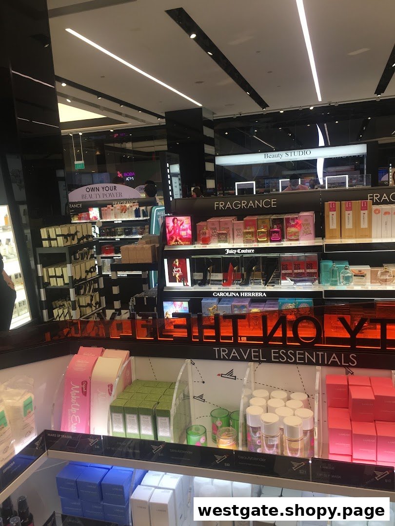 Interior view of Sephora showcasing beauty products, fragrances, and travel essentials.