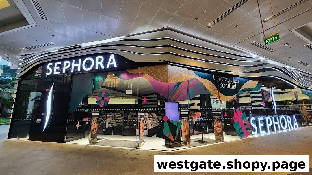 The vibrant storefront of Sephora, adorned with festive decorations, showcasing beauty products and inviting shoppers.
