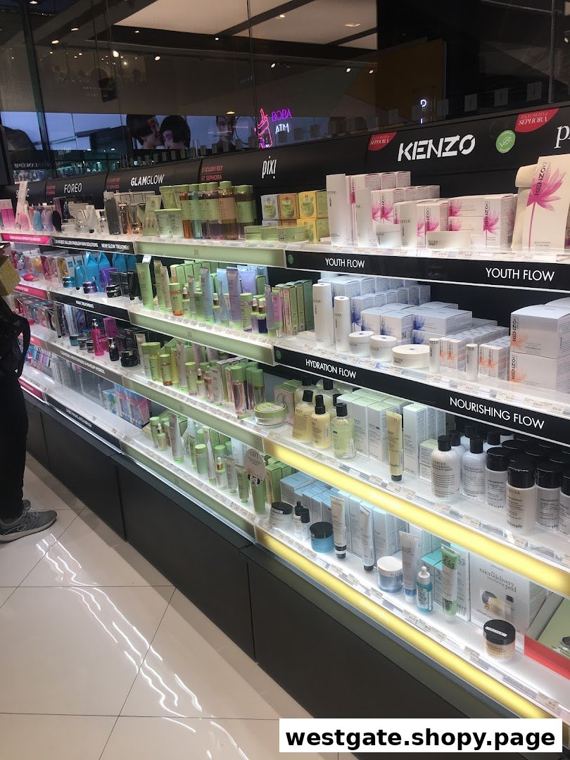 Interior view of Sephora showcasing skincare products on brightly lit shelves.