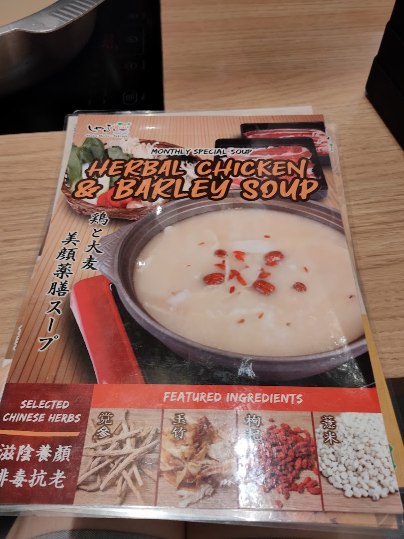 A promotional page for Shabu Sai's Monthly Special Herbal Chicken & Barley Soup, highlighting key ingredients.