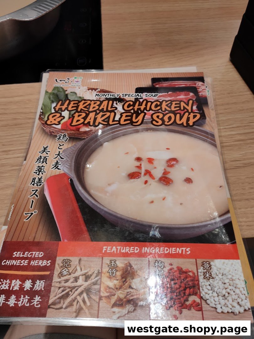 A promotional page for Shabu Sai's Monthly Special Herbal Chicken & Barley Soup, highlighting key ingredients.