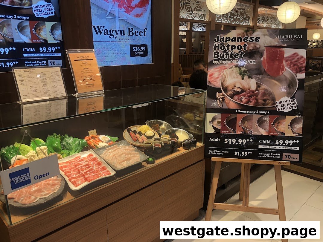 A vibrant display of fresh ingredients and promotional signs for Shabu Sai's Japanese hotpot buffet.