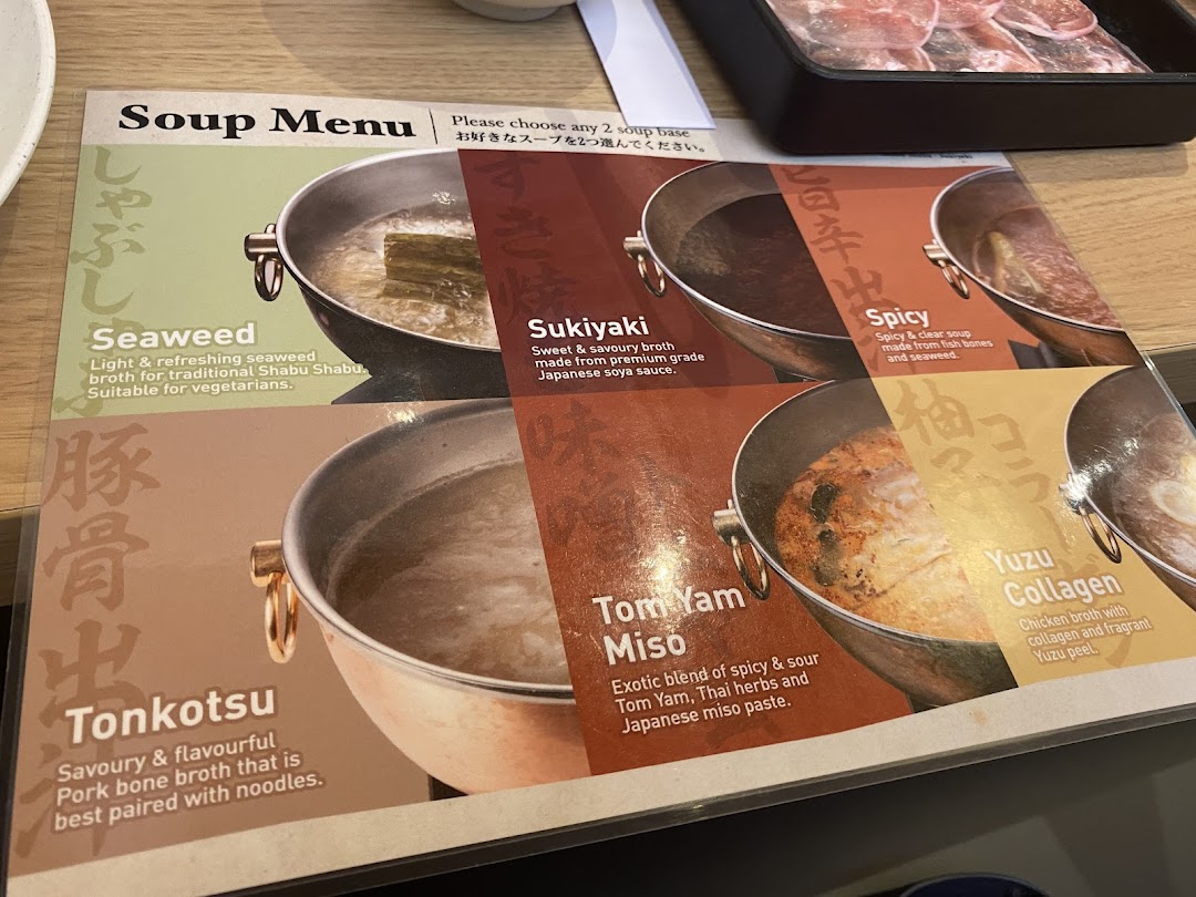 A detailed soup menu from Shabu Sai, showcasing various hot pot broth options.