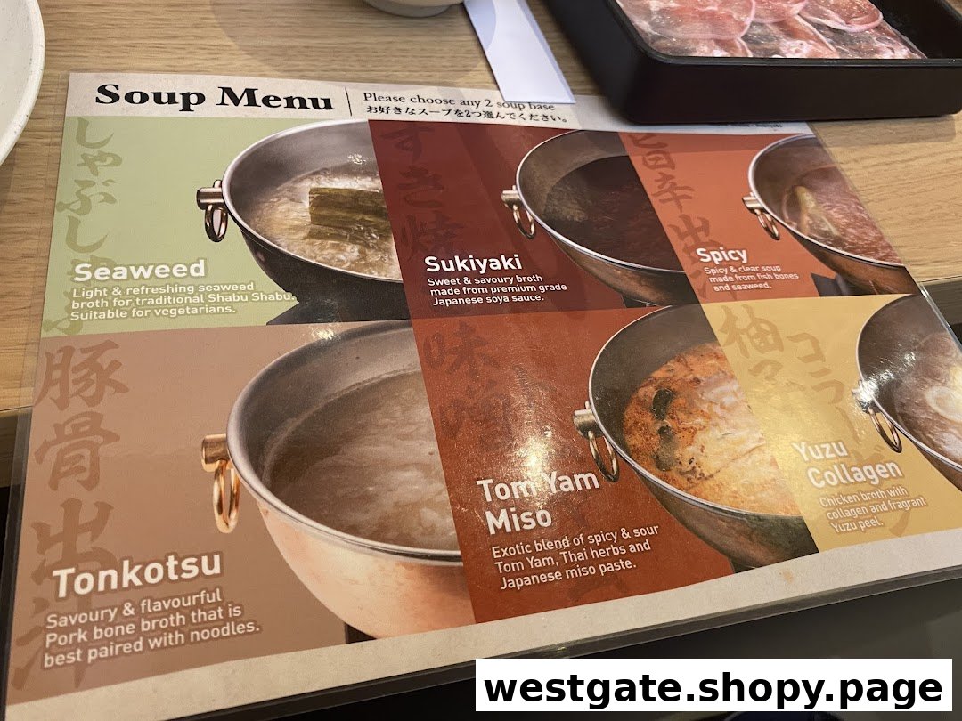 A detailed soup menu from Shabu Sai, showcasing various hot pot broth options.