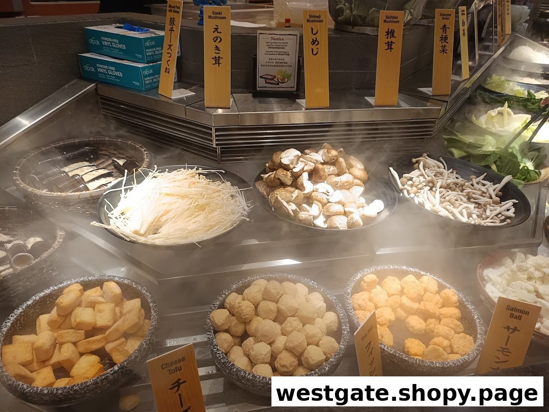 A vibrant display of fresh ingredients like mushrooms, tofu, and various balls for a hot pot buffet.