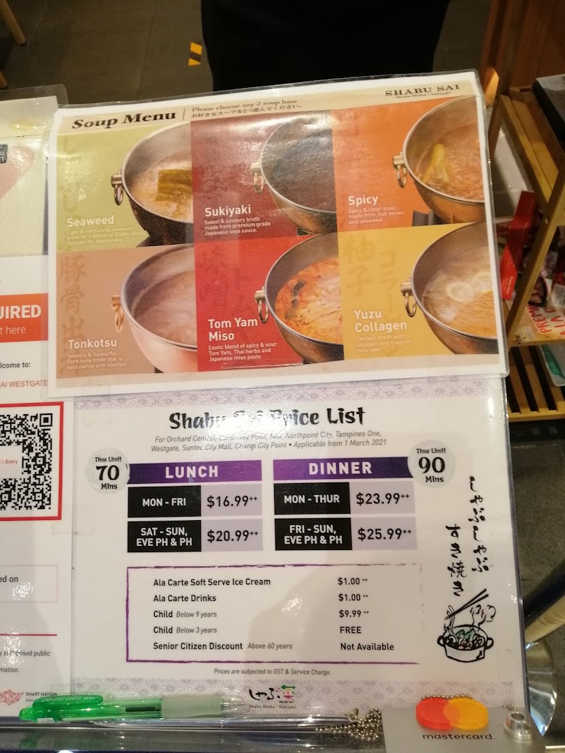 A detailed menu and price list for Shabu Sai, featuring soup bases and buffet pricing.