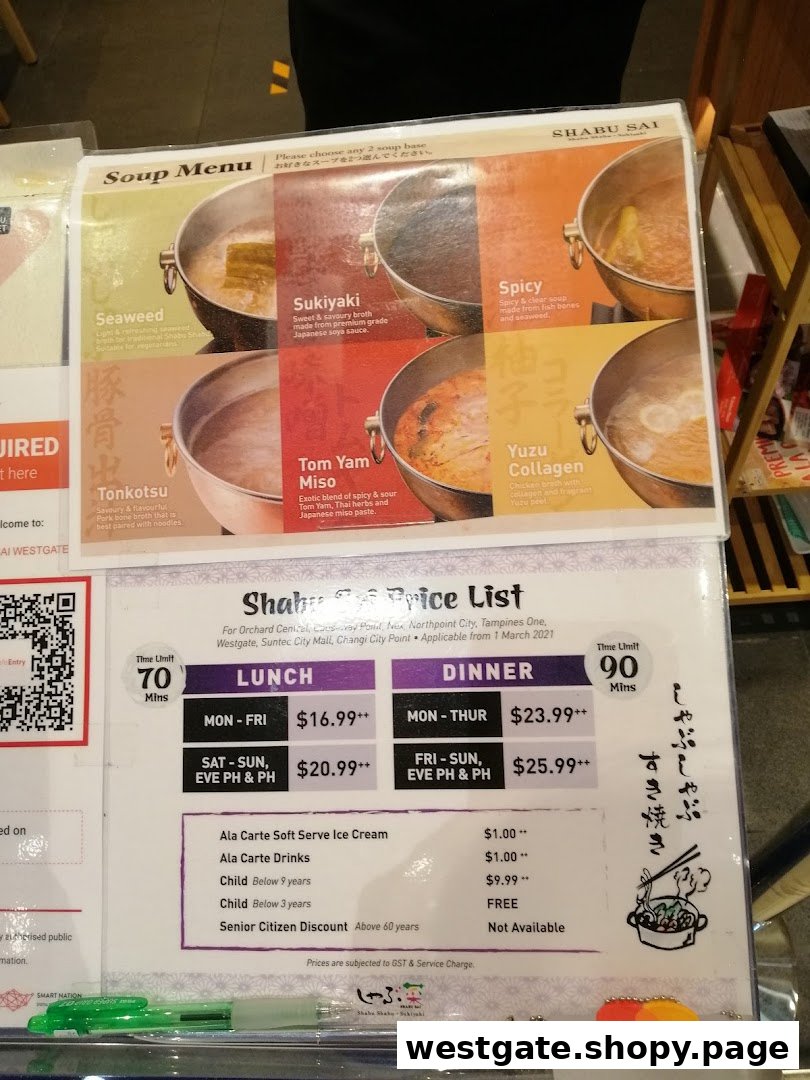 A detailed menu and price list for Shabu Sai, featuring soup bases and buffet pricing.