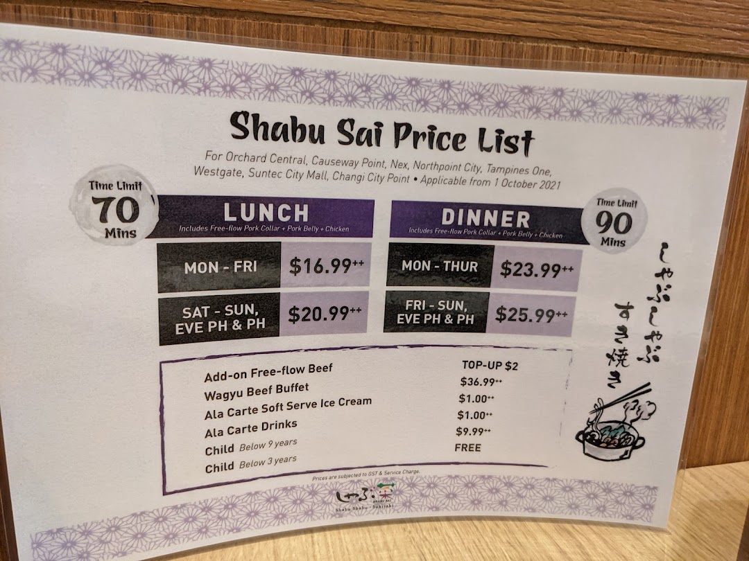 A detailed price list for Shabu Sai, outlining lunch and dinner buffet options and add-ons.