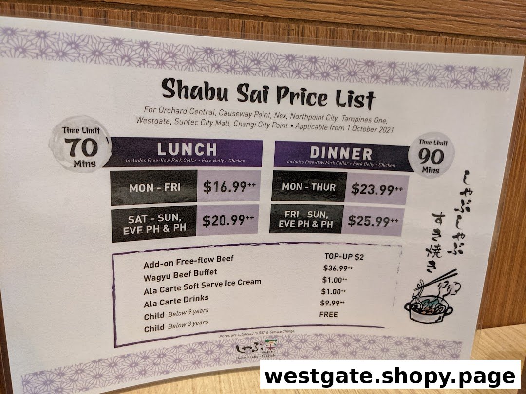 A detailed price list for Shabu Sai, outlining lunch and dinner buffet options and add-ons.