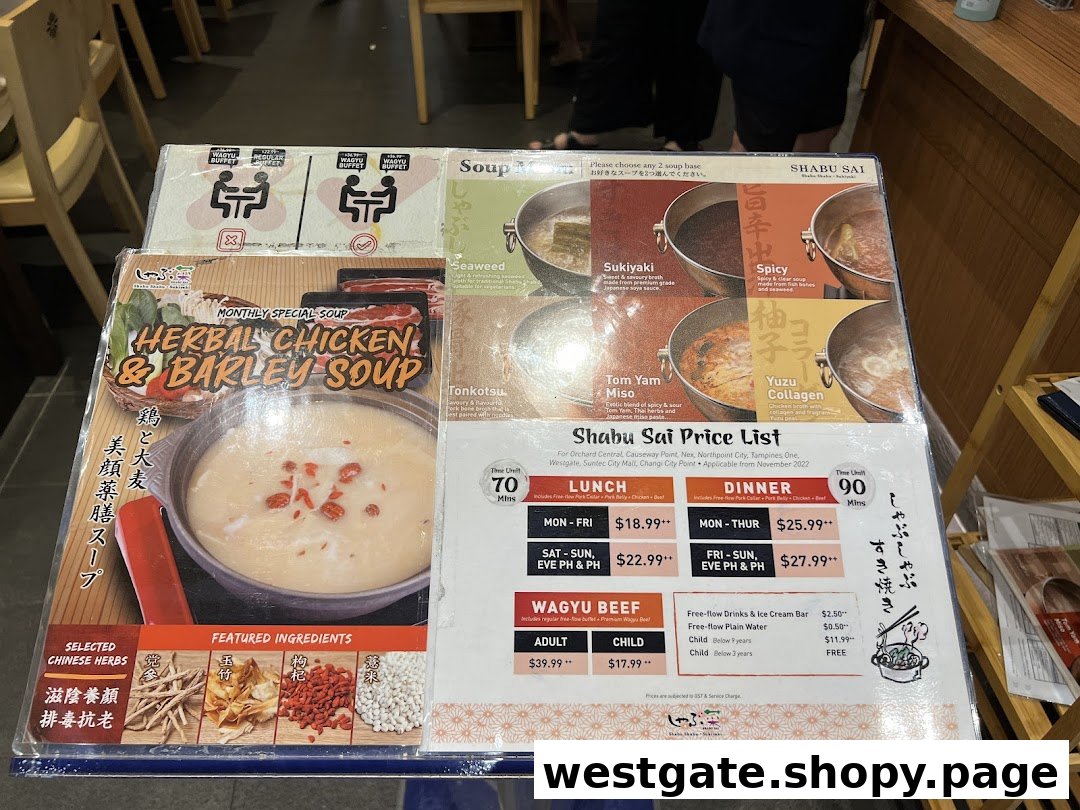 A detailed menu and price list for Shabu Sai, featuring various soup bases, a monthly special, and buffet pricing.