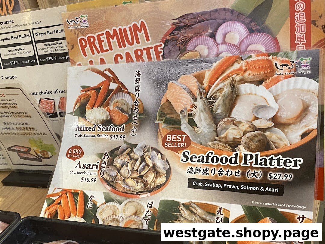 A close-up view of Shabu Sai's menu, featuring various seafood platters and buffet options.