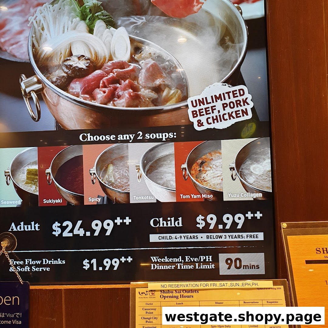 A display board showing hotpot options, buffet pricing, soup choices, and outlet details for Shabu Sai.