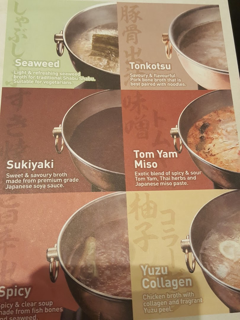A menu displaying various hot pot broth options with descriptions, including Seaweed, Tonkotsu, Sukiyaki, and Tom Yam Miso.