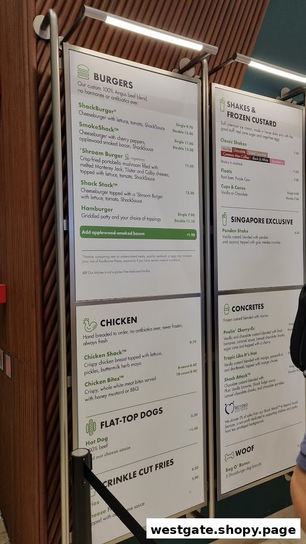 A detailed menu board displaying burgers, shakes, chicken, hot dogs, fries, and concretes at Shake Shack.