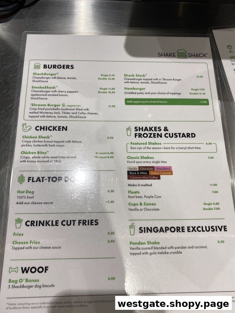A detailed menu board displaying Shake Shack's burgers, chicken, fries, shakes, and exclusive items.