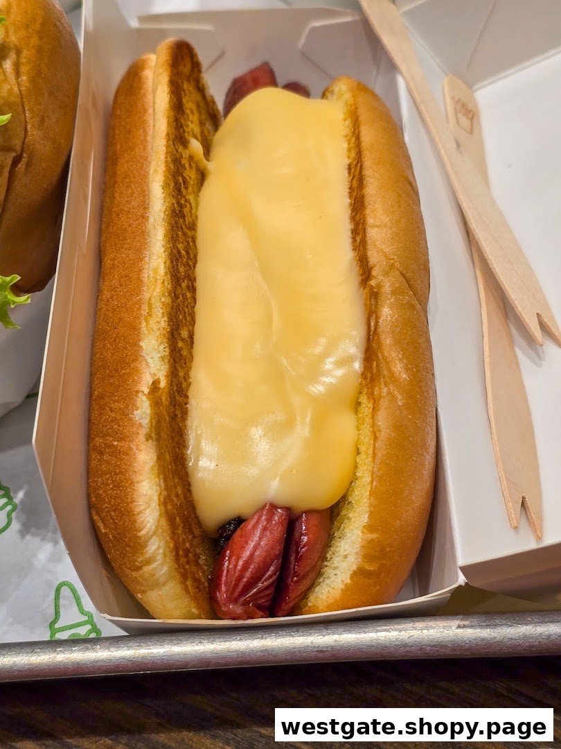A delicious hot dog topped with melted cheese sauce in a Shake Shack box.