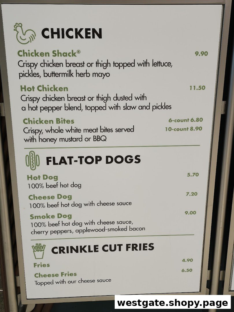 A detailed menu board displaying chicken, hot dog, and fries options with prices.