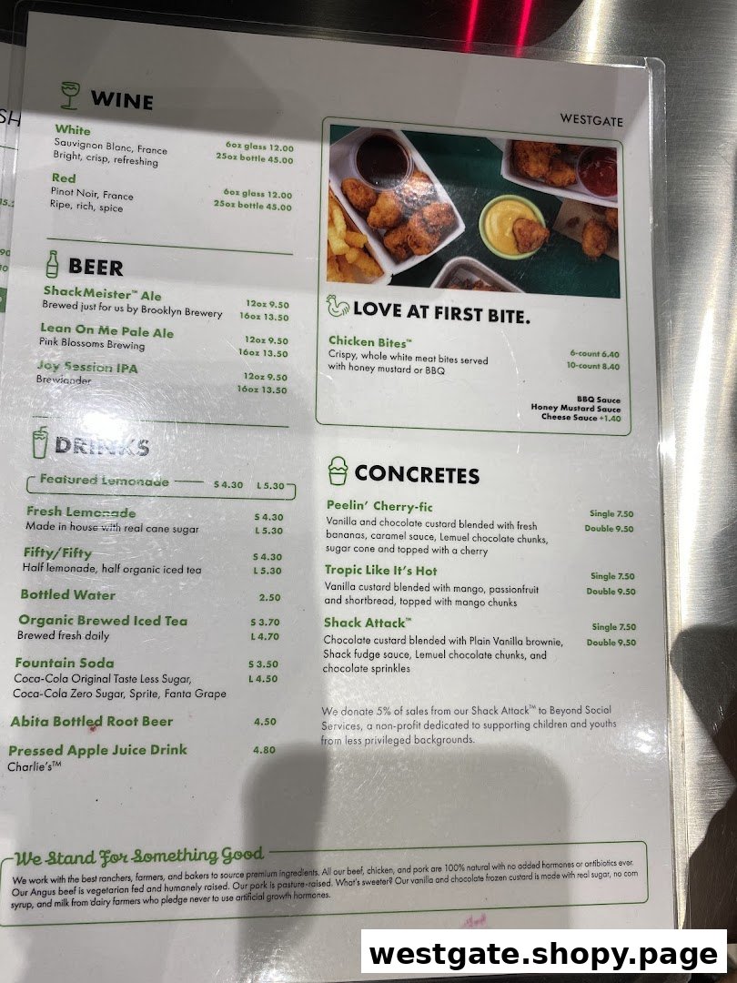 A detailed menu board from Shake Shack Westgate, showcasing food, drinks, and dessert options.