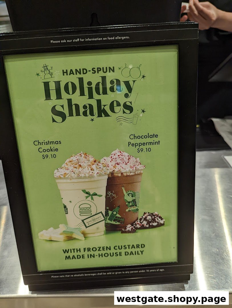 A display board showcasing Shake Shack's festive hand-spun Holiday Shakes with prices.