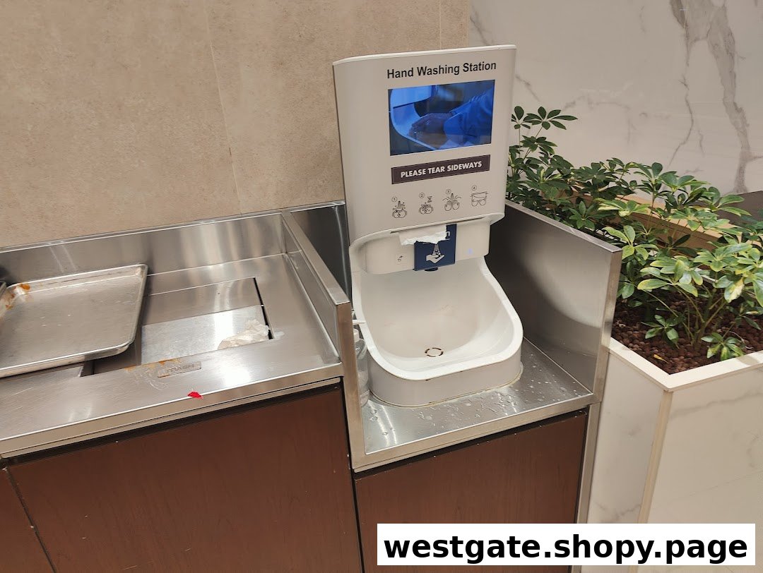 A hand washing station and tray disposal area inside Shake Shack, emphasizing cleanliness.