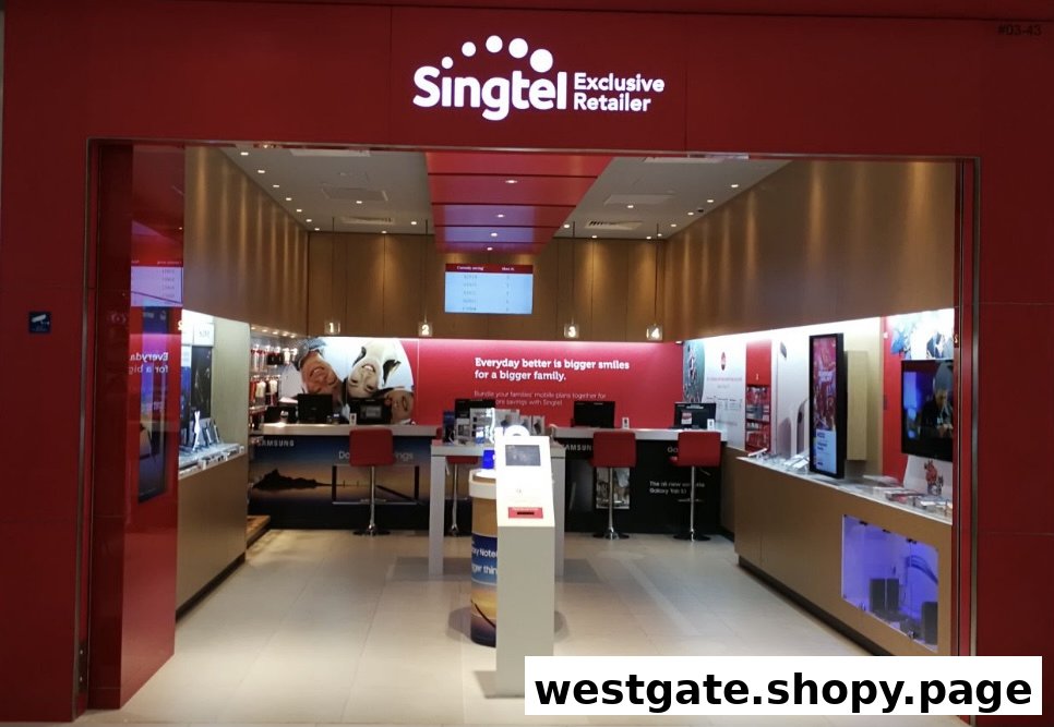 The vibrant red entrance of a Singtel Exclusive Retailer shop, showcasing its interior.