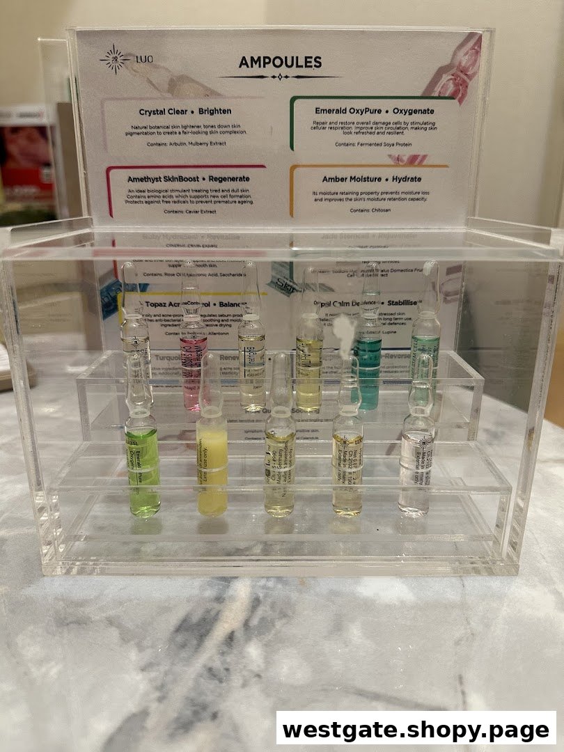A clear display stand showcasing various skincare ampoules with their benefits and ingredients.