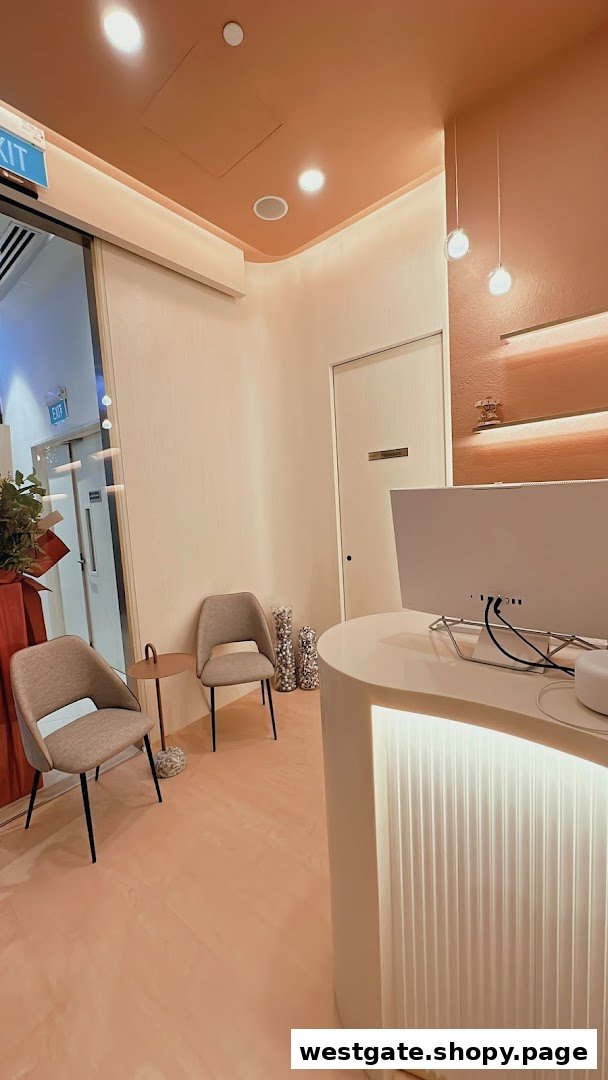 A modern, clean reception area with a white desk, seating, and warm lighting at SkinLab.