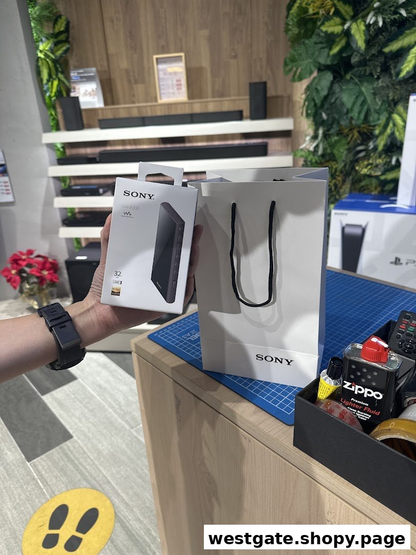 A customer holds a new Sony NW-A306 Walkman box next to a Sony shopping bag inside the store.