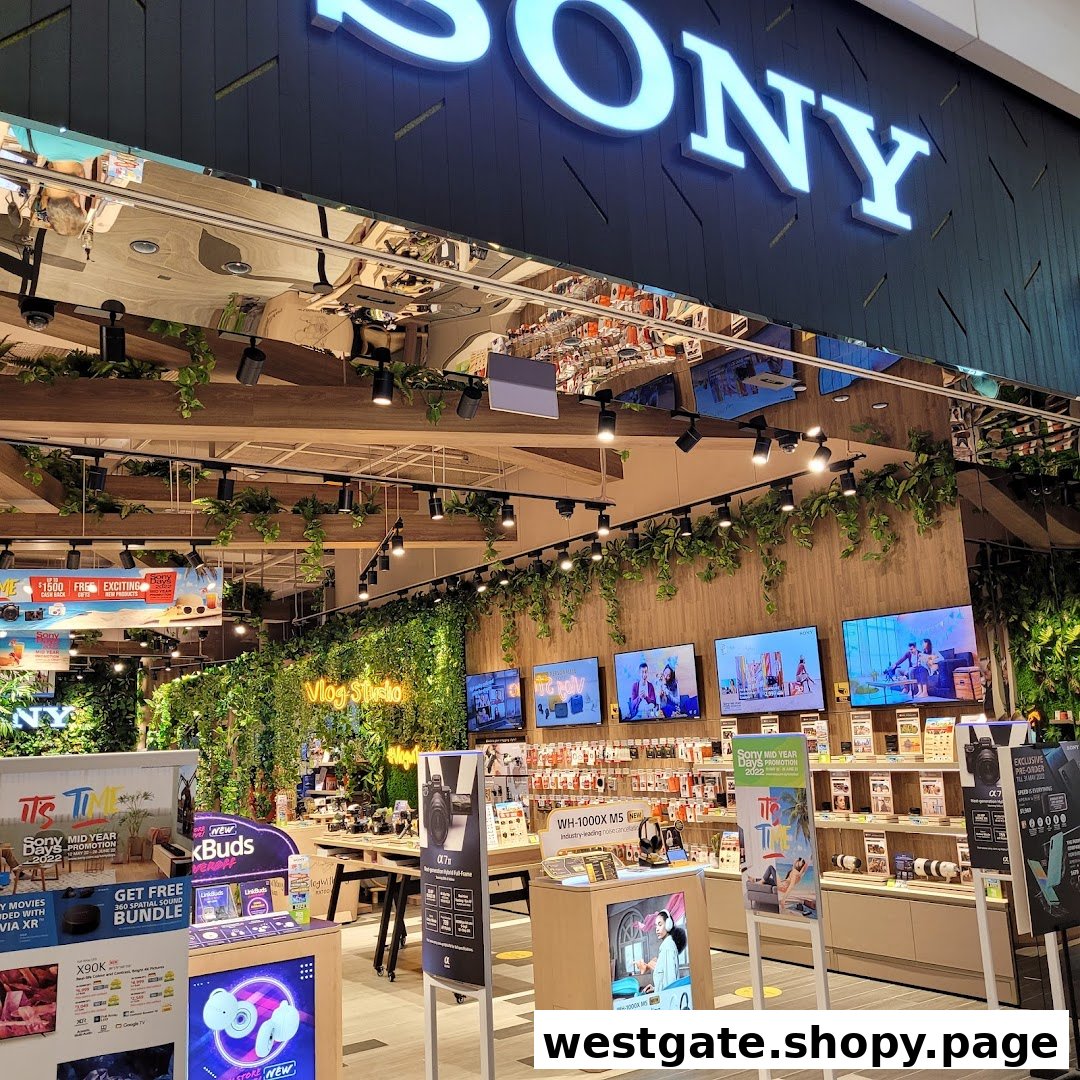 Vibrant interior of the Sony Store showcasing latest electronics, a 'Vlog Studio,' and lush green decor.