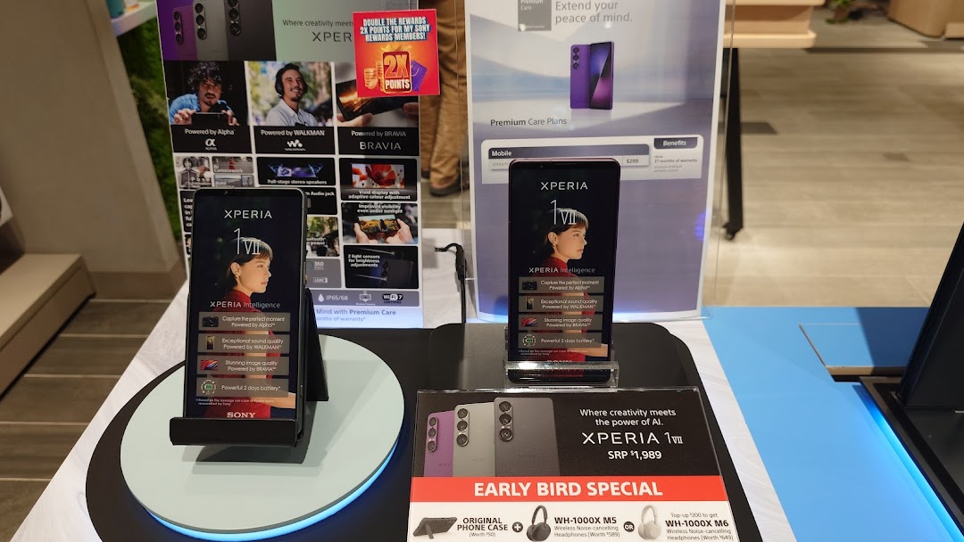 A vibrant display of Sony Xperia smartphones and related accessories, showcasing their features and special offers.