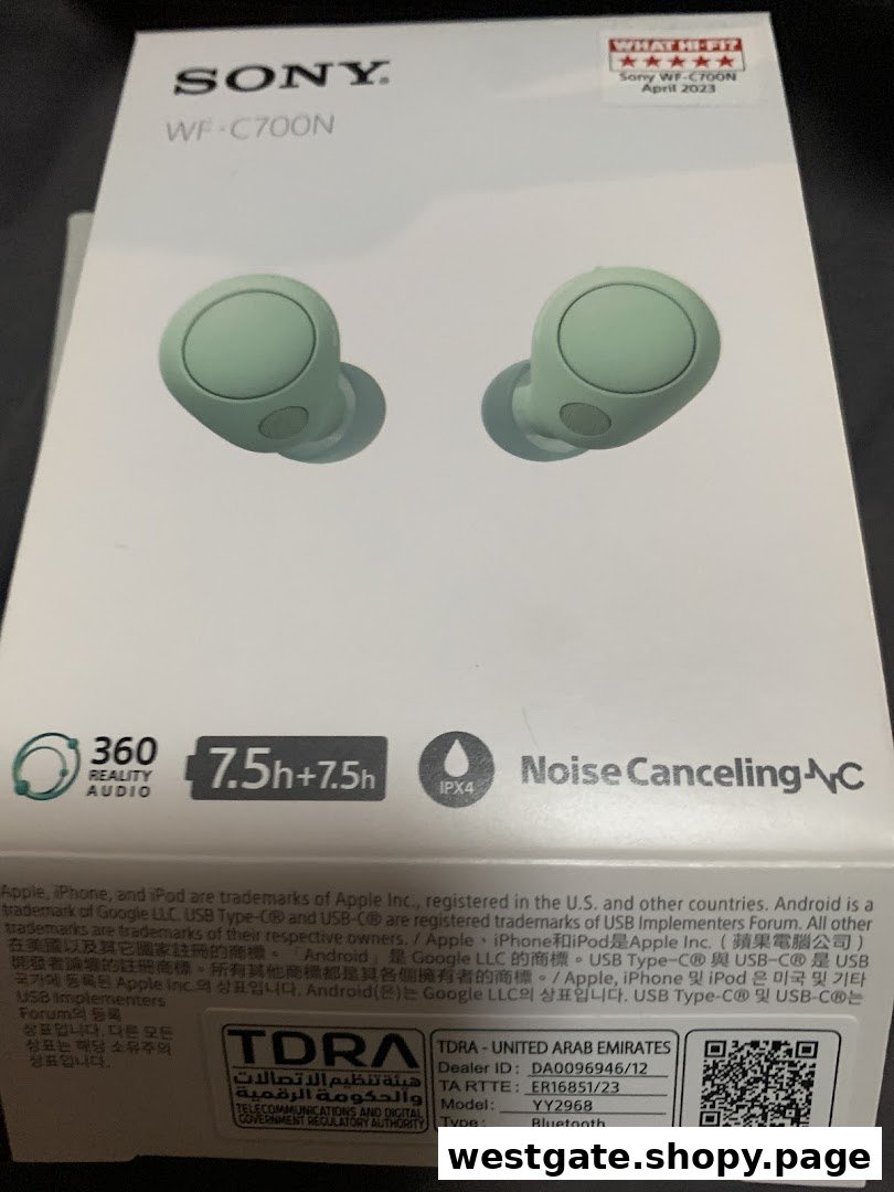 Close-up of a Sony WF-C700N wireless earbuds product box in light green.